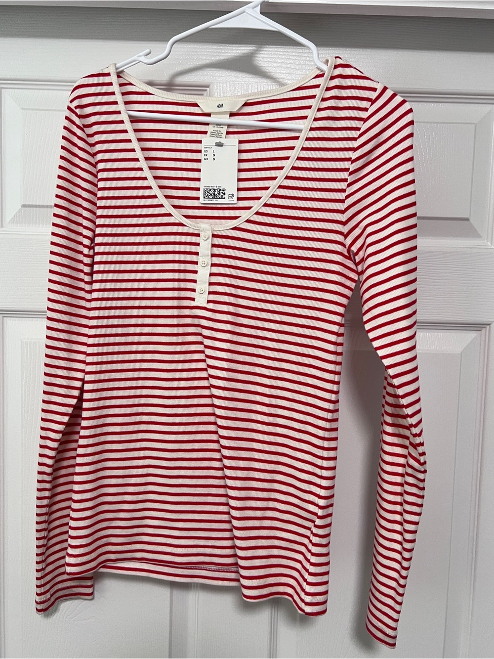 H&M Red and White Striped Henley Tunic Top